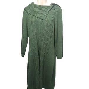 Alison Brittne Green Cable Knit Sweater Dress Asymmetrical‎ Collar Size L